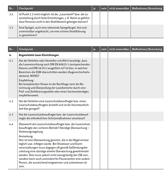 DGUV Handlungsanleitung 203-036 für die Gefährdungsbeurteilung von Show- und Projektionslasern, Tabellenblatt 2.