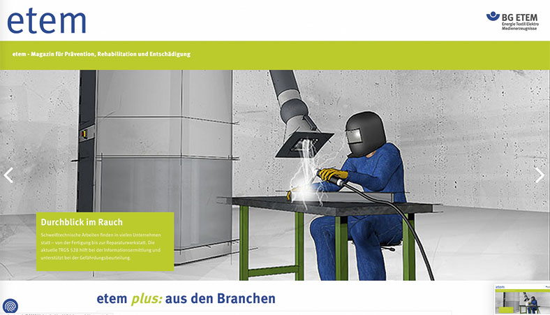 Ausschnitt aus dem Onlinemagazin der BG ETEM mit der Grafik eines Arbeiters in Schutzkleidung mit Helm, der an einem Tisch sitzt und Schweißarbeiten durchführt.