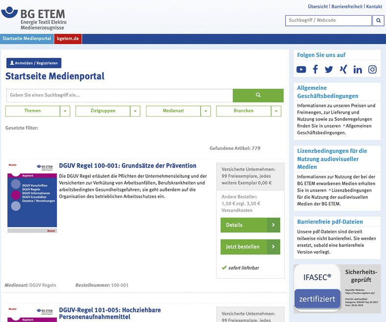 Startseite des BG ETEM Medienportals mit Suchmaske und dem Cover einer Broschüre.