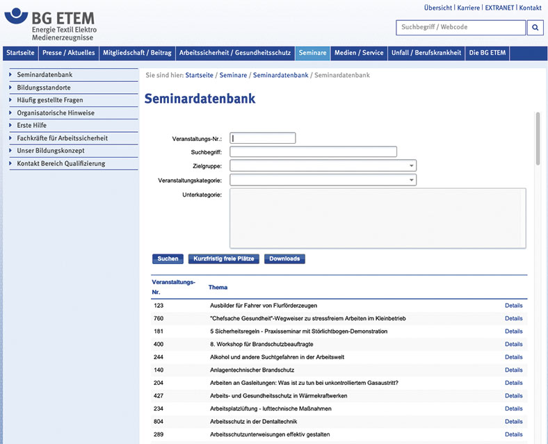 Ausschnitt der Seminardatenbank auf der Internetseite der BG ETEM mit Suchmaske.