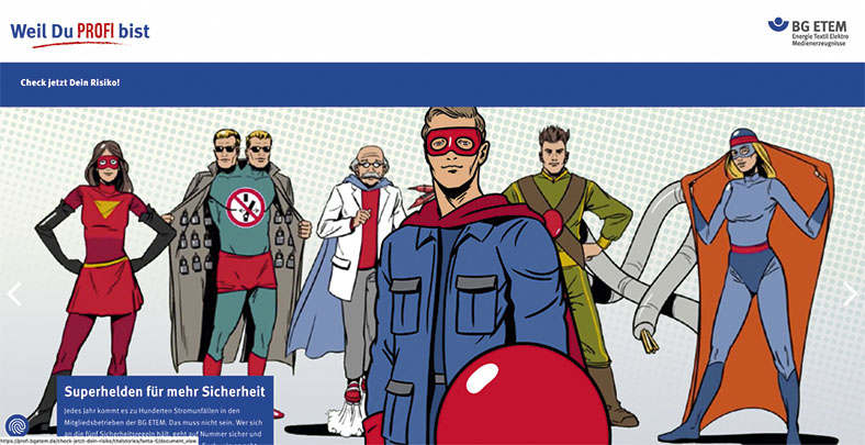 Ausschnitt des Versichertenportals profi.bgetem.de, das mehrere Komikfiguren zeigt, die Superhelden für Arbeitssicherheit darstellen sollen.