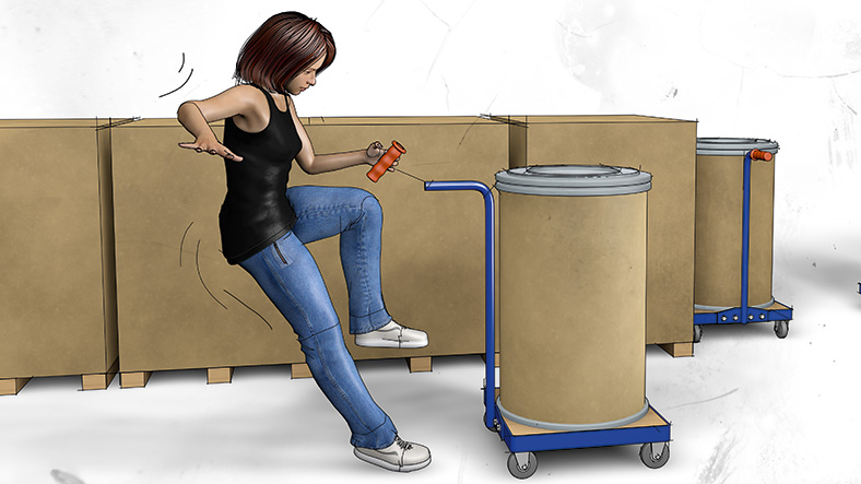 Die Grafik zeigt in der Mitte des Bildes eine junge Frau in schwarzem Trägershirt und blauer Jeanshose. Sie hat ein Bein angewinkelt und kippt nach hinten. In der Hand hält sie den abgebrochenen roten Griff eines Handwagens, auf dem ein zylindrischer Behälter steht. Im Hintergrund stehen Holzpaletten mit großen braunen Kisten.