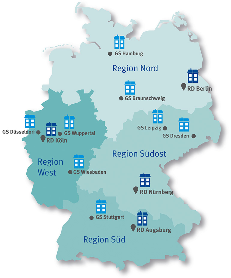 Arbeit der Selbstverwaltung: Karte Deutschlands mit Regionaldirektionen und Geschäftsstellen der BG ETEM.