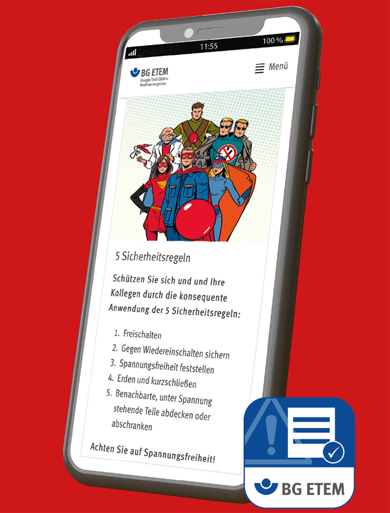Illustration Smartphone mit Web-App „5 Sicherheitsregeln“. Oben sieht man die Fantastischen 5 in Superheldenkostümen.