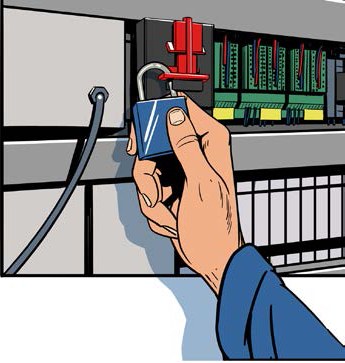 5 Sicherheitsregeln Elektrotechnik: Illustration Hängeschloss anbringen als Schutz gegen Wiedereinschalten.