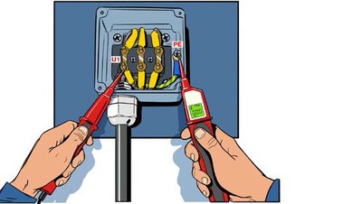 5 Sicherheitsregeln Elektrotechnik: Illustration Spannungsfreiheit feststellen mit Spannungsprüfer.