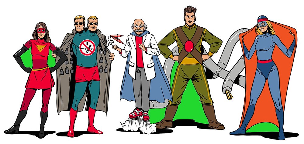5 Sicherheitshelden: Fünf Comicfiguren in bunten Kostümen.