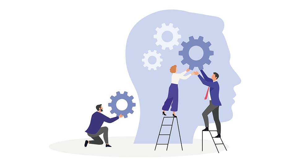 Illustration: Zwei kleine Figuren stehen auf Leitern und drehen an den Zahnrädern in einem riesigen Kopf; eine dritte Figur kniet daneben und hält ein Zahnrad hoch.