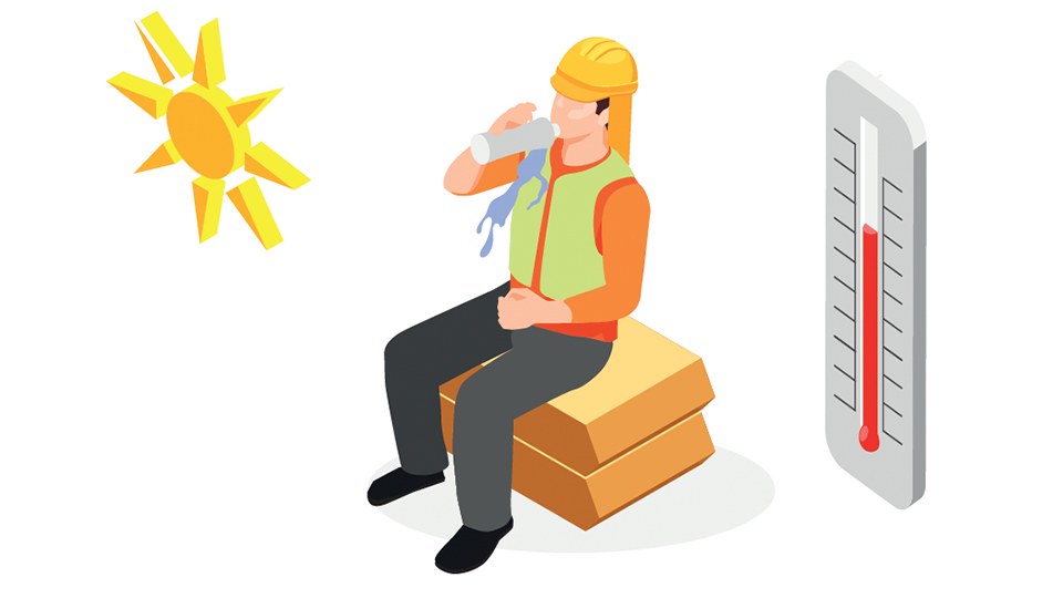 Illustration: Ein Arbeiter ruht im Sitzen aus und trinkt Wasser aus einer Flasche; er trägt eine Warnweste über seinem langärmeligen Oberteil und einen Helm mit Nackenschutz; eine stilisierte Sonne und ein Thermometer deuten die große Hitze an.
