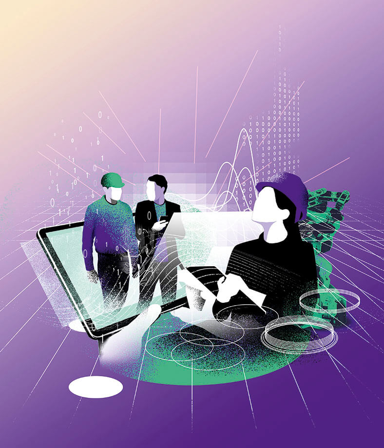 Diese Illustration zeigt zwei Hände, die ein Tablet bedienen, auf dessen Touchscreen das Thema "Industrie 4.0" in Verbindung mit Sicherheit und Gesundheit der Beschäftigten dargestellt wird.