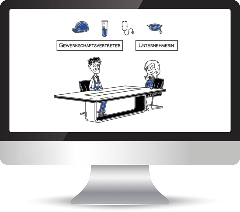 Auf diesem Monitor wird ein Ausschnitt des Videos zum Thema "Rentenausschuss" gezeigt. Es ist eine Illustration zu erkennen. Ein Mann und eine Frau sitzen an einem Schreibtisch.