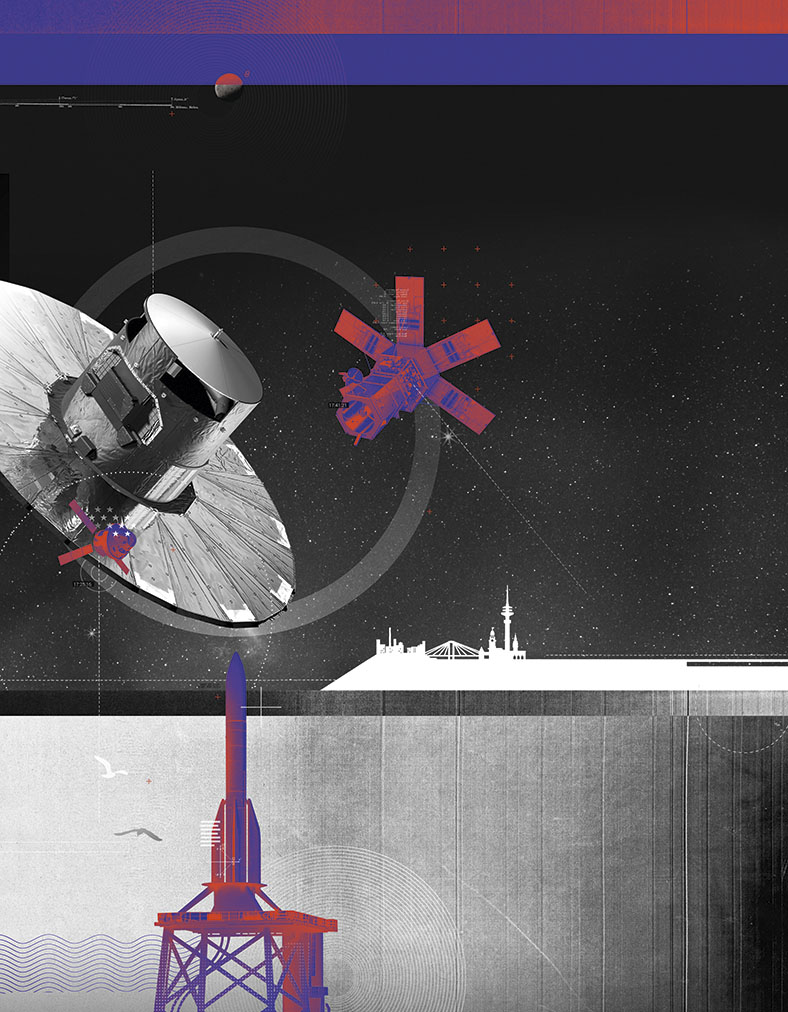 Im Hintergrund wird als Illustration ein Weltraumflughafen gezeigt. Im Vordergrund eine Rakete auf einer Raketenrampe. Auf der Mitte der Seite ist ein Satellit abgebildet.