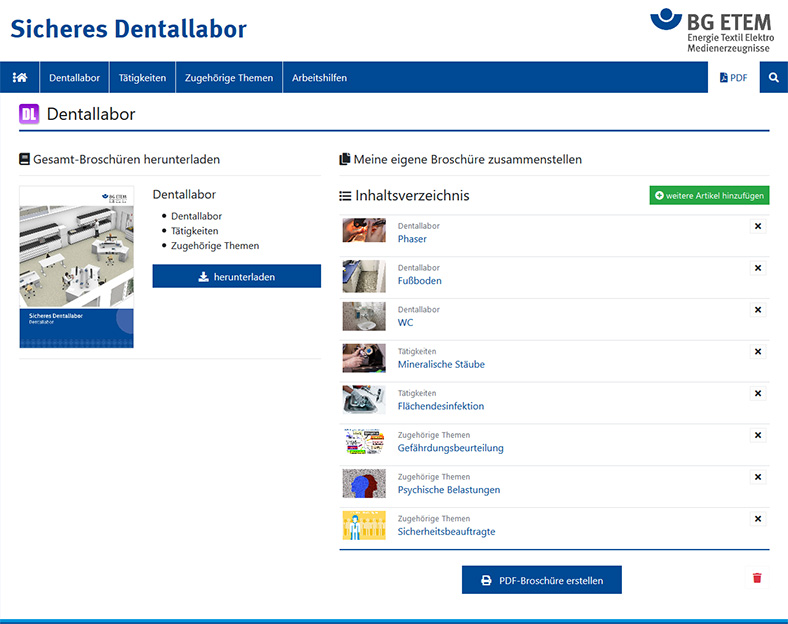 Die Abbildung zeigt die Internetseite Sicheres Dentallabor mit dem PDF-Downloadbereich, links ist das Cover einer Broschüre zu sehen.