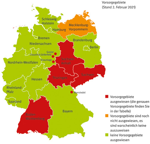 Karte der Bundesrepublik Deutschland, aufgeteilt nach Bundesländern. Grün gefärbt sind Bundesländer ohne ausgewiesene Radonvorsorgegebiete, rot gefärbt sind Bundesländer mit ausgewiesenen Radonvorsorgegebieten.
