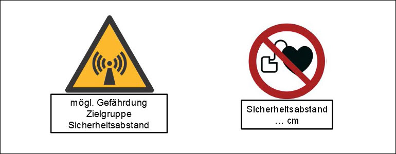 Sicherheits- und Gesundheitsschutzkennzeichnung nach ASR A1.3 und Zusatzkennzeichnung, links: Warnung vor Nichtionisierender Strahlung (W005), rechts: Kein Zutritt für Personen mit Herzschrittmachern oder implantierten Defibrillatoren sowie sonstigen aktiven Implantaten (P007).