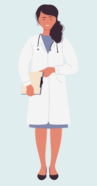 Asbest-Krebs-Vorsorge GVS: Grafik einer Frau mit langen schwarzen Haaren in einem Kleid mit weißem Kittel und Stethoskop um den Hals. Sie trägt ein Klemmbrett unter dem Arm.