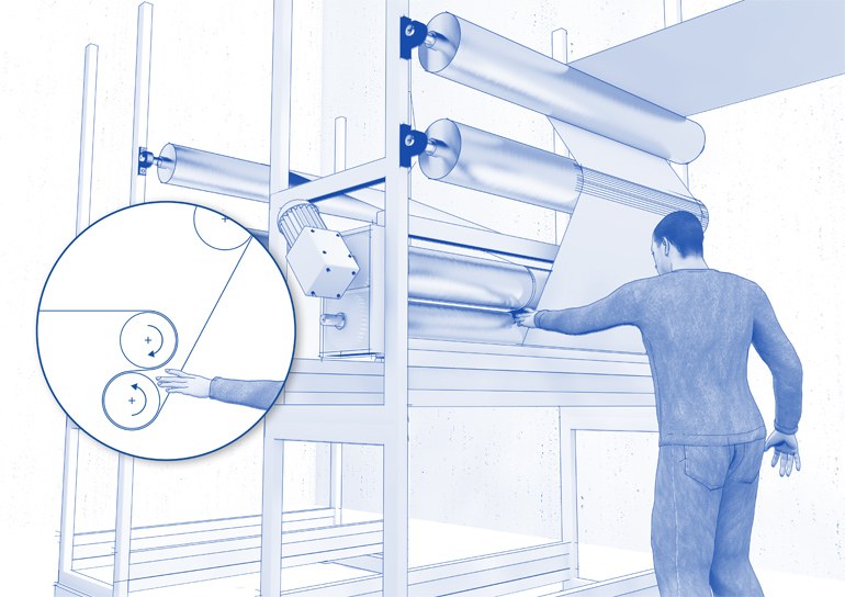 Textilveredelung: Illustration Mann greift in eine Walzenmaschine.