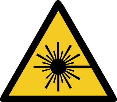 Warnzeichen Laserstrahl: gelbes Dreieck mit schwarzem Rand und schwarzem Strahlenkreis.