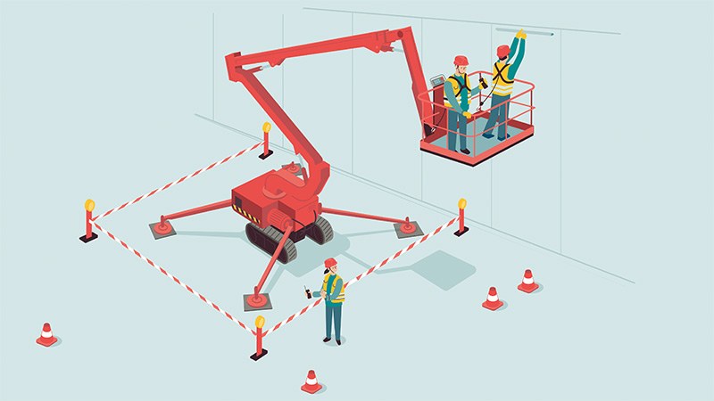 Illustration einer Hubarbeitsbühne im Einsatz mit zwei Mitarbeitern auf der Plattform, einer zur Überwachung am Boden
