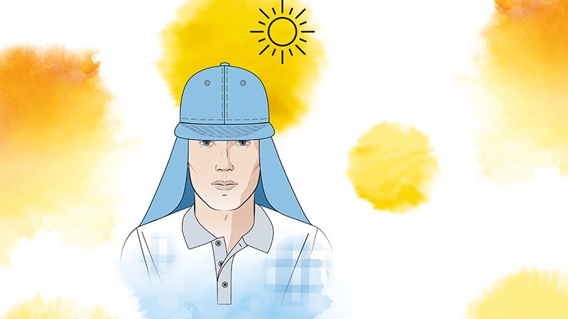 Illustration eines Kopfes mit Kappe und Nackenschutz, die optimal vor schädlicher Sonneneinstrahlung schützen. 