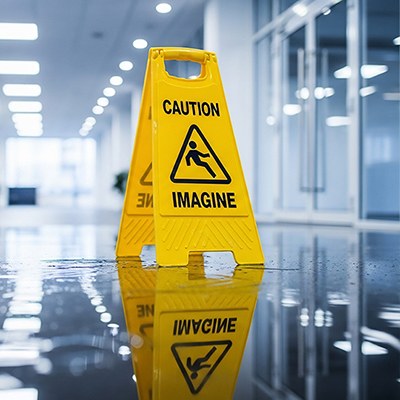 Auf einem nassen, glänzenden Fabrikboden ist ein gelbes Warnschild aufgestellt, das vor Nässe warnt.