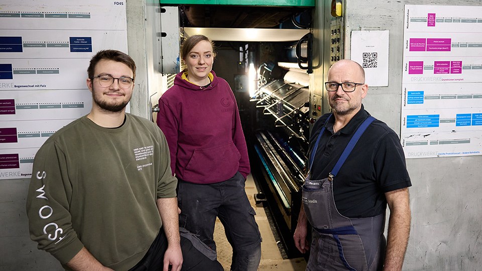 Niko Brinkmann, Tamara Wetzel und Markus Severins am Zugang zum Inneren einer riesigen Druckmaschine; sie tragen Arbeitshosen, Severins einen Overall, und blicken in die Kamera. Links und rechts von ihnen an der Wand Pläne zur Belegung der Druckmaschine.