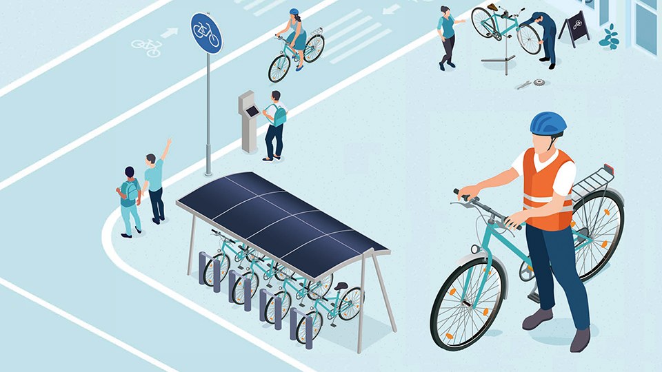 Illustration einer Szene zum Thema Verkehrssicherheit und Radfahren. Zu sehen sind Fahrradwege, ein Fahrradständer, eine Fahrradapparatur und ein überdimensionaler Fahrradfahrer, der neben seinem Rad steht.