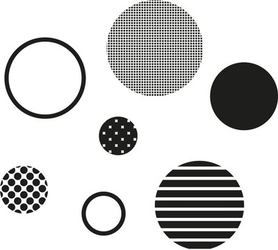 Grafik von verschieden großen Kreisen in Grautönen mit verschiedenen Mustern