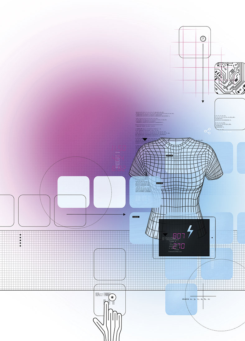 Illustration Textilindustrie mit diversen Elektroniksymbolen und einem gerasterten Torso, der auf smarte Textilien hinweist. Im Hinterrund hellblau-pinkfarbener Farbverlauf.