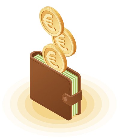 Grafik einer braunen Geldbörse mit goldfarbenen Euromünzen darüber, die das Arbeitsentgelt darstellen sollen.