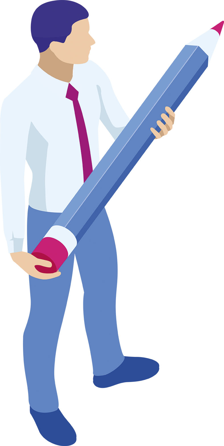 Grafik in Blautönen zeigt eine Person, die einen übergroßen Buntstift in den Händen hält.