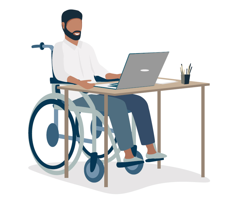 Illustration Teilhabestärkungsgesetz: Mann im Rollstuhl sitzt am Schreibtisch vor einem Notebook.