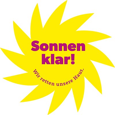 Logo einer gelben Sonne mit rotem Text innen: Sonnenklar. Wir retten unsere Haut.
