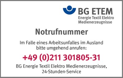 Karte mit Notrufnummer der BG ETEM