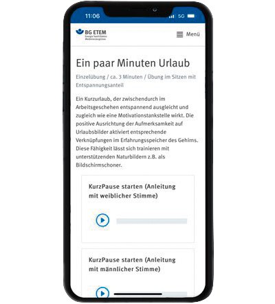 Display eines Smartphones mit der Seite der App „KurzPausen“