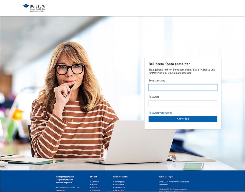 Die Startseite des neuen BG ETEM Serviceportals auf dem Display eines Laptops