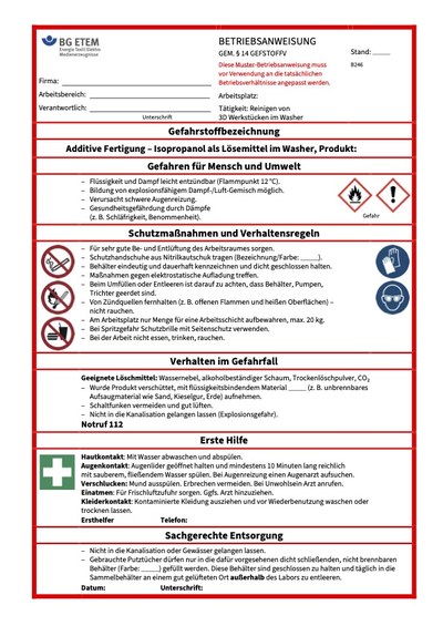 Abbildung einer BG ETEM Muster-Betriebsanweisung
