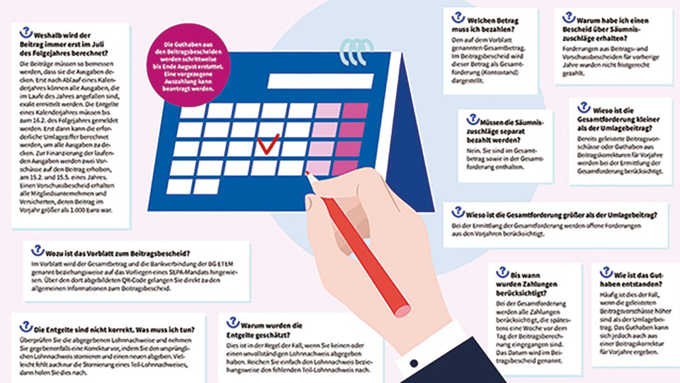 Illustriertes Symbolbild für den Beitragsbescheid 2025: Eine Hand setzt mit einem Stift einen Haken in einem Tischkalender.