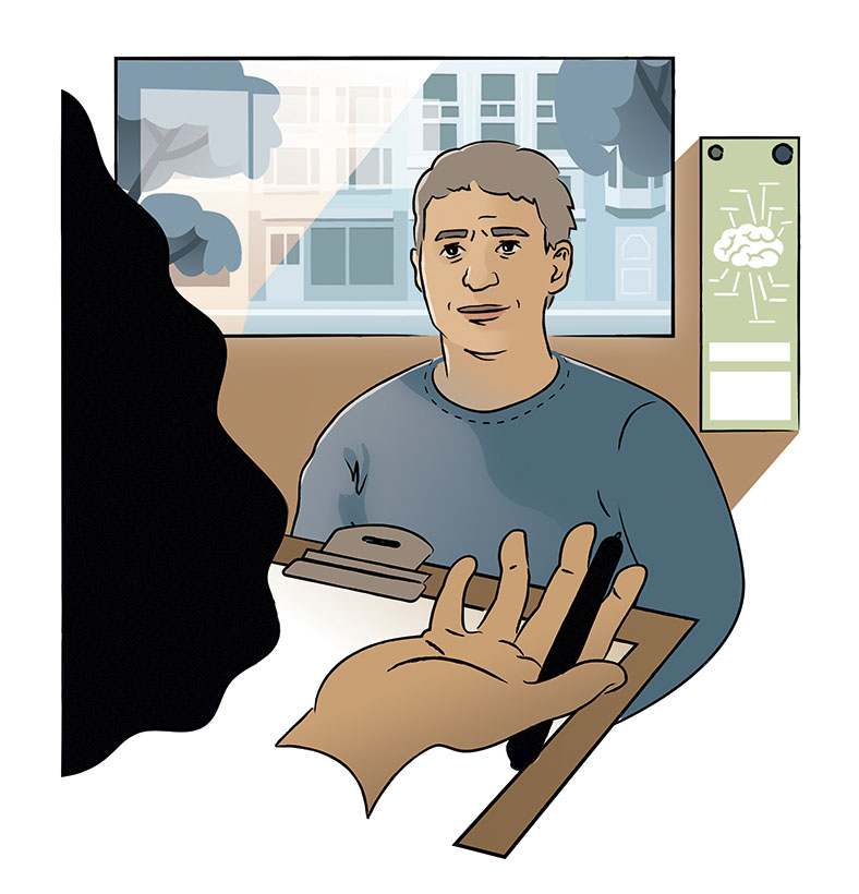 Die Grafik zeigt einen Mann, der vor einer Person mit einem Klemmbrett und einem Stift in der Hand sitzt. Im Hintergrund sieht man durch ein Fenster eine Hausfassade, daneben an der Wand die Darstellung eines Gehirns.