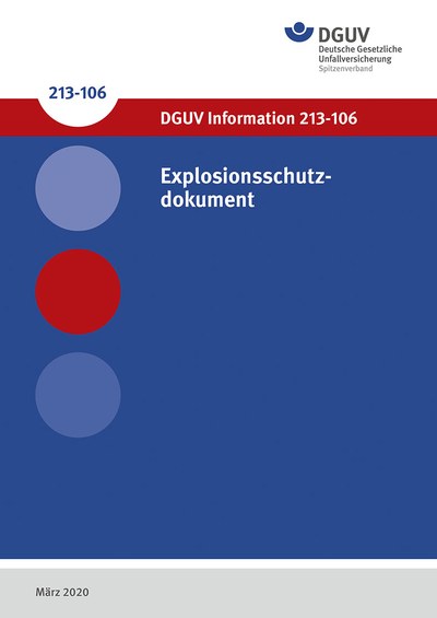 Cover der DGUV-Information 213-106 Explosionsschutzdokument in blau, rot und weiß. 