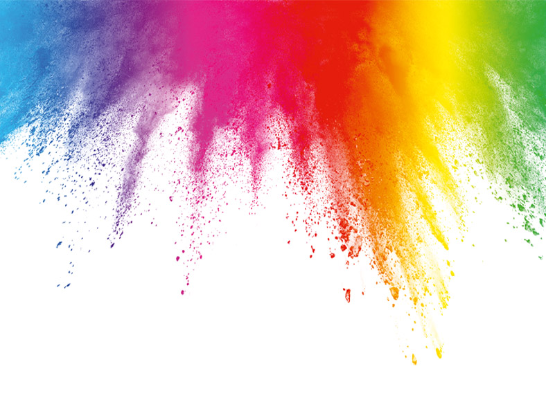 Bunte Farbstreifen  und -spritzer fächern sich von oben nach unten auf in allen Farben das Regenbogens.