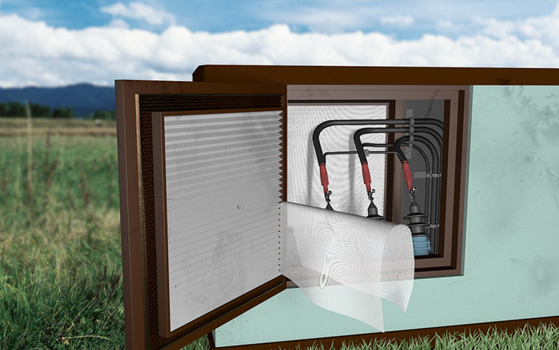 Illustration Trafo-Kompaktstation mit abgelöstem Schutzgitter auf der Türinnenseite.