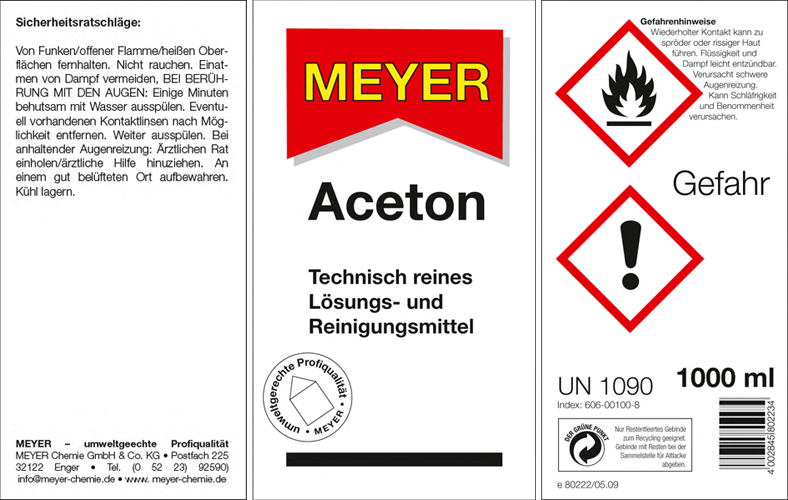 Dreiteiliges Etikett für das Lösungsmittel Aceton mit Logo Meyer, Gefahrenpiktogrammen und textlichen Sicherheitshinweisen.