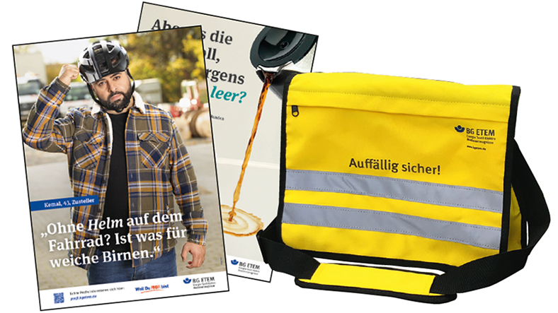 Collage aus zwei Plakatmotiven der BG ETEM Kampagne und einer gelben Tasche mit Reflexionsstreifen.