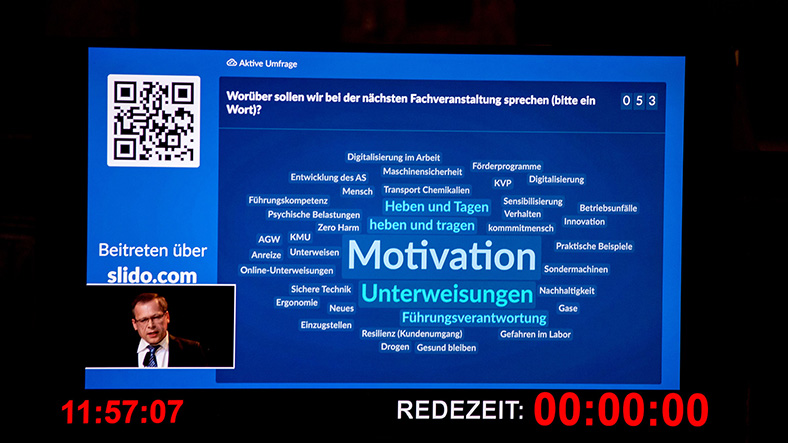 Wortwolke mit Themenwünschen auf einem blauen Großbildschirm, in der linken unteren Ecke eingeblendet ist Johannes Tichi.
