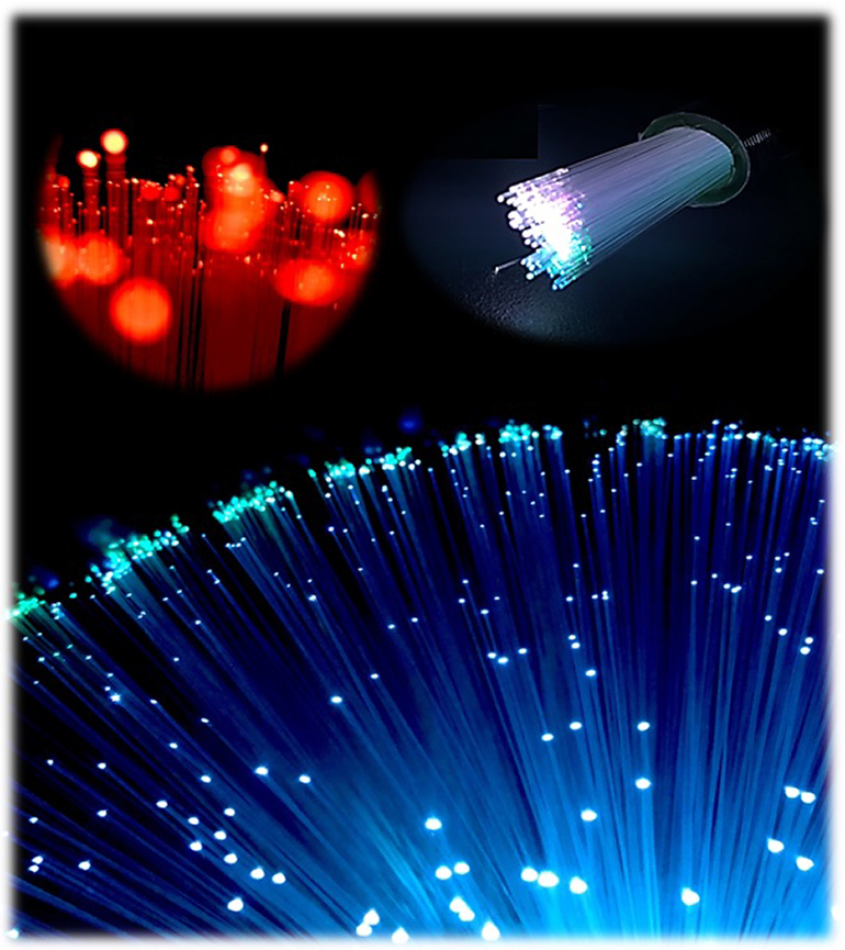 Lichtwellenleiter: Collage von farbigen elektronischen Lichter an Lichtwellenleitern.