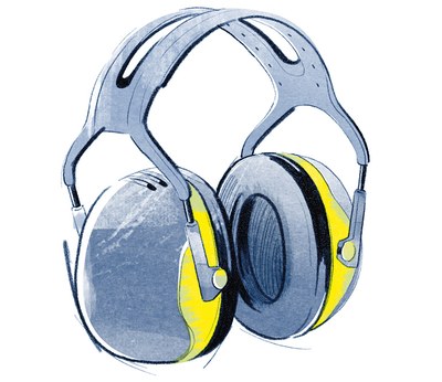 Illustration eines Gehörschutzes in gelb und grau.