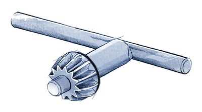 Illustration eines Bohrfutterschlüssels zum Festdrehen eines Bohraufsatzes.