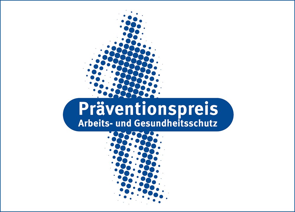 Logo Präventionsschutz der BG ETEM in blau: Figur in Rasterpunkten mit Textbanderole „Präventionspreis Arbeits- und Gesundheitsschutz“