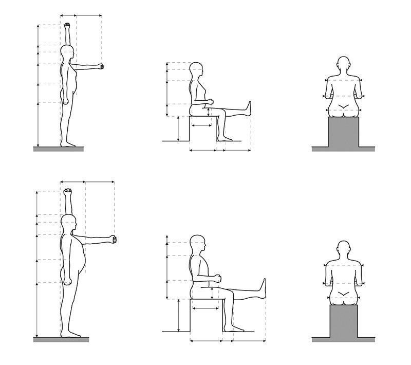 Illustration mit sechs Einzelbildern, auf denen die unterschiedlichen Körpermaße und Platzbedarfe eines Mannes und einer Frau in stehender und sitzender Haltung abgebildet sind.